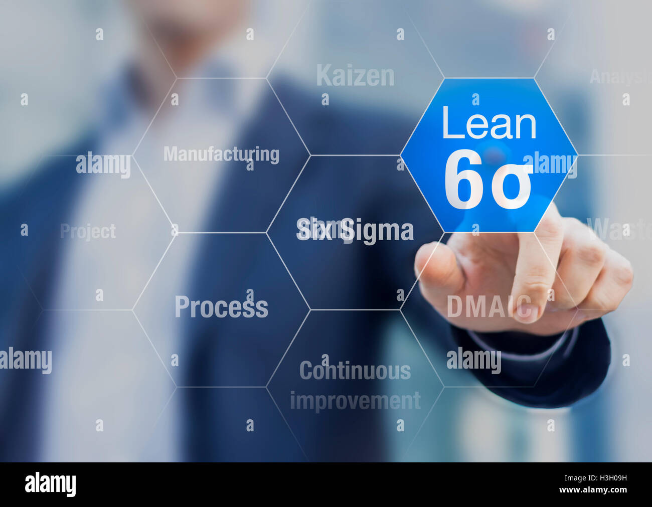 Empresario tocando el botón de lean Six Sigma para mejorar la fabricación Foto de stock