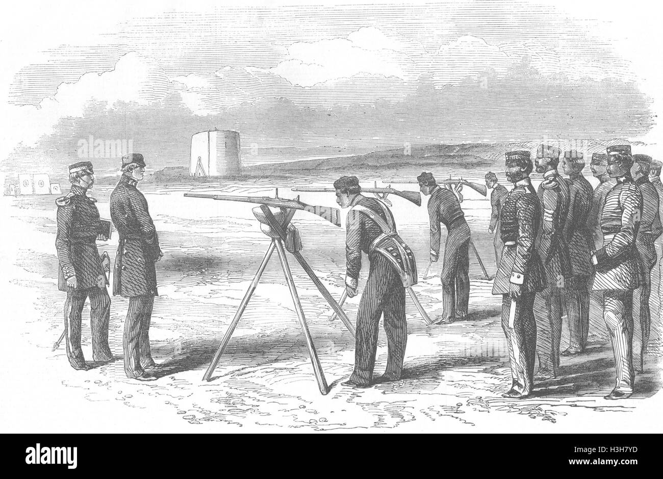 KENT Armas Pequeñas Escuela Corps, Hythe apuntando perforar 1855. Illustrated London News Foto de stock