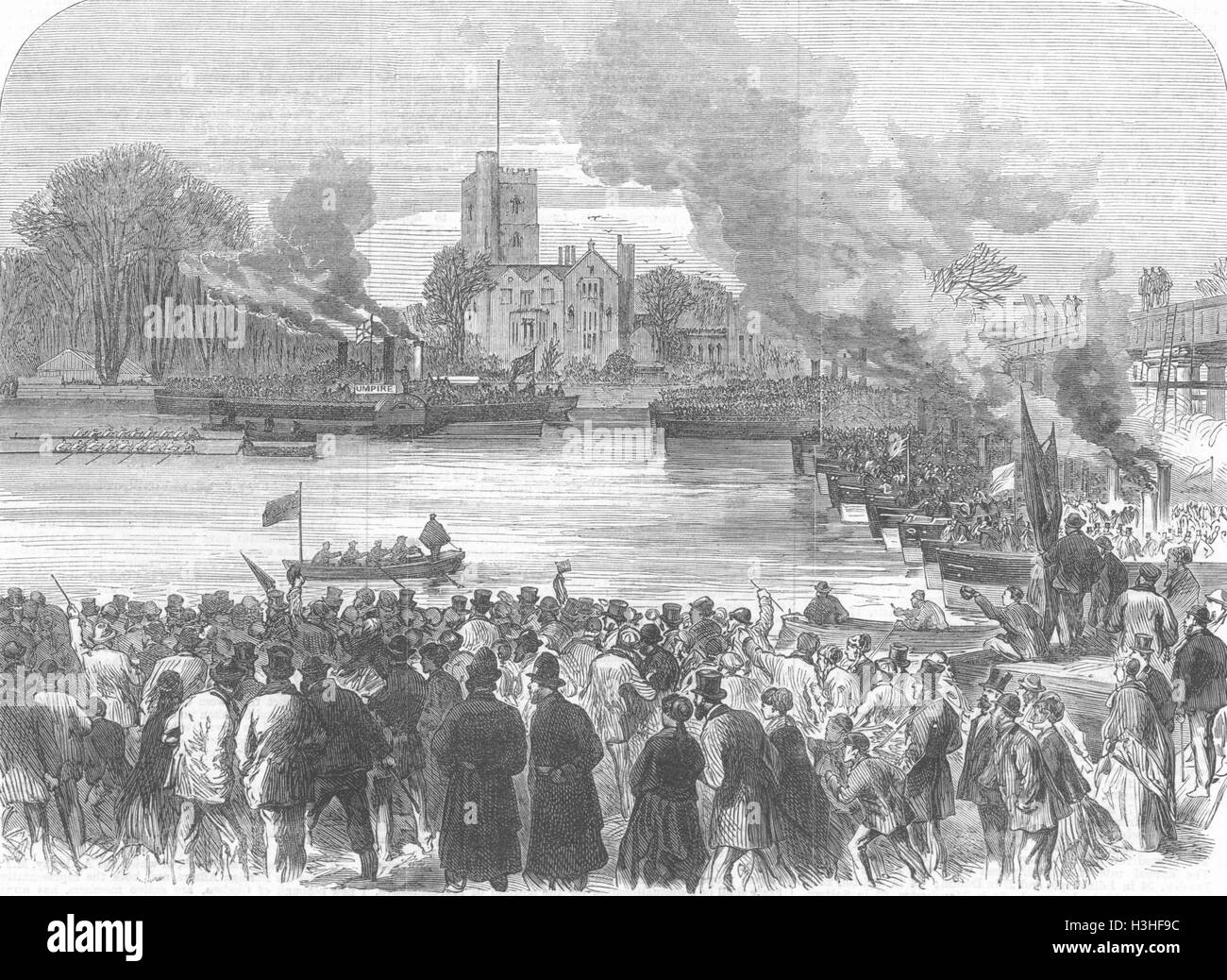 Universidad de Oxbridge barco-carrera de inicio de Putney 1869. Illustrated London News Foto de stock