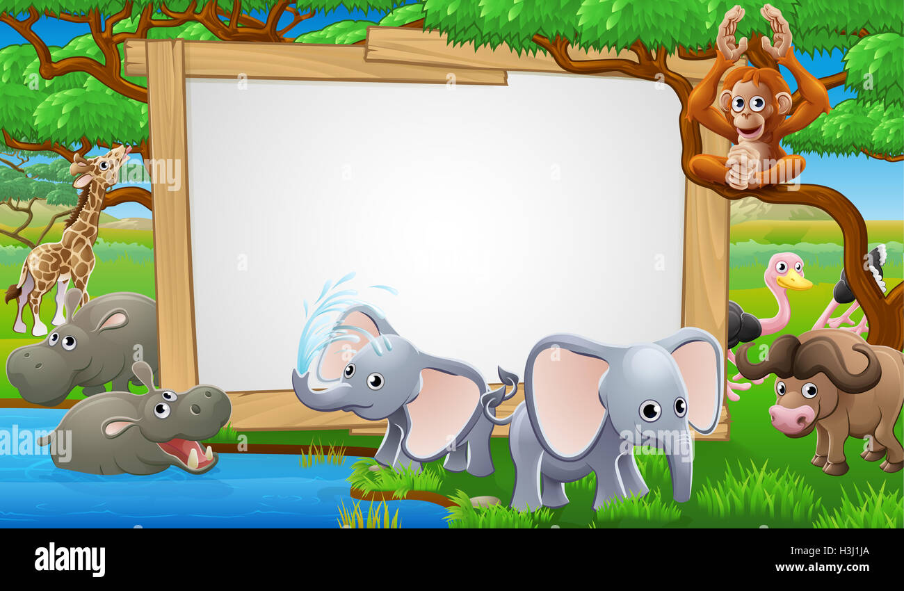 Cute dibujos animados animales safari rodeando un signo Foto de stock