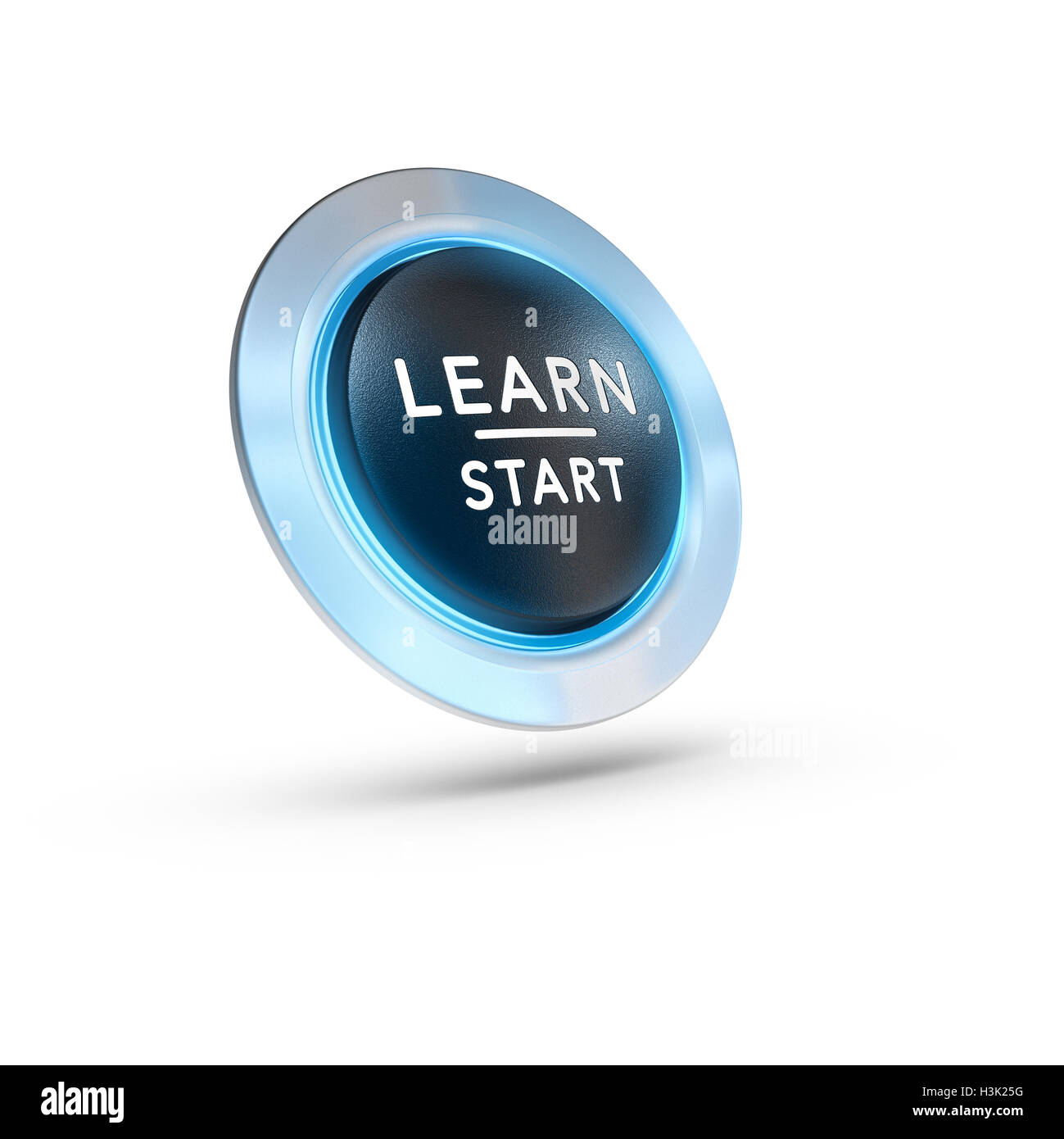 Ilustración 3D de un botón con el texto aprender inicio sobre fondo blanco. Imagen concepto Foto de stock