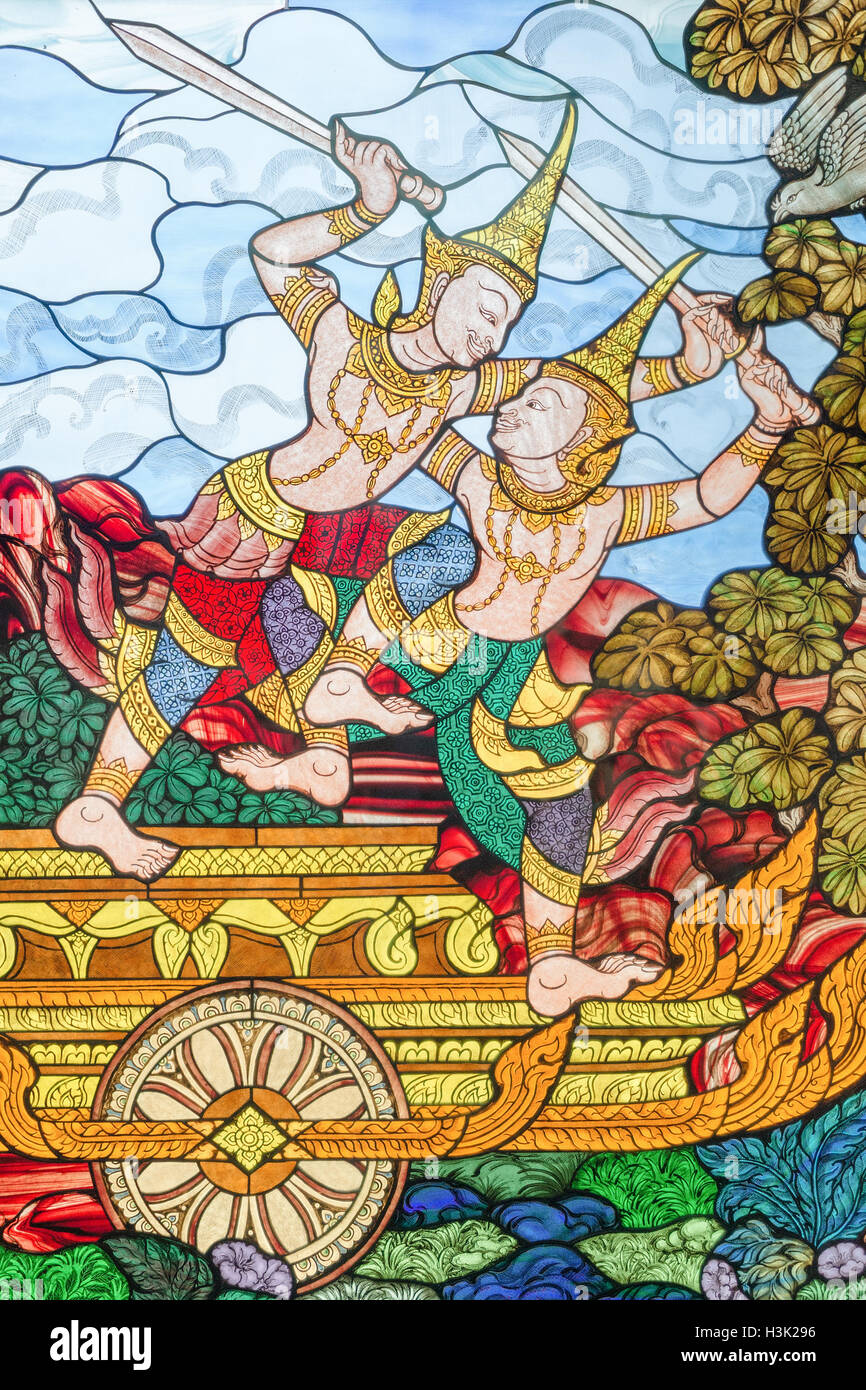 Prachuap Khiri Khan, Tailandia: Marzo 31, 2015 - Vidrieras es la historia de la imagen al templo tailandés Tangsai Mahajanaka en Prachua Foto de stock