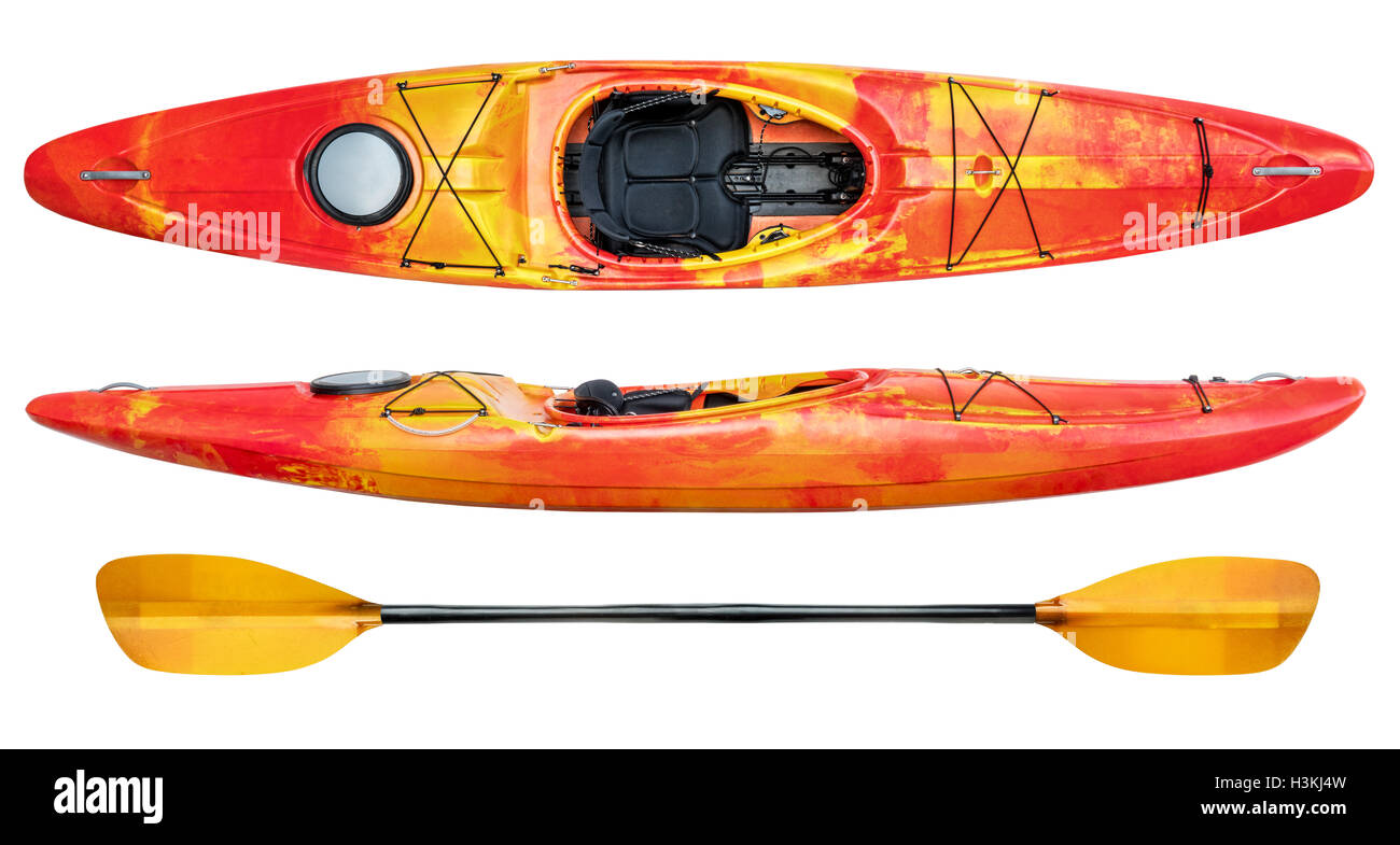 Crossover (whitewater kayak de río y kayak) y la paleta aislado en blanco Foto de stock