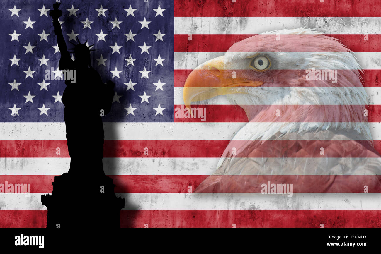 Bandera Americana con símbolos patrios de los Estados Unidos de América Foto de stock