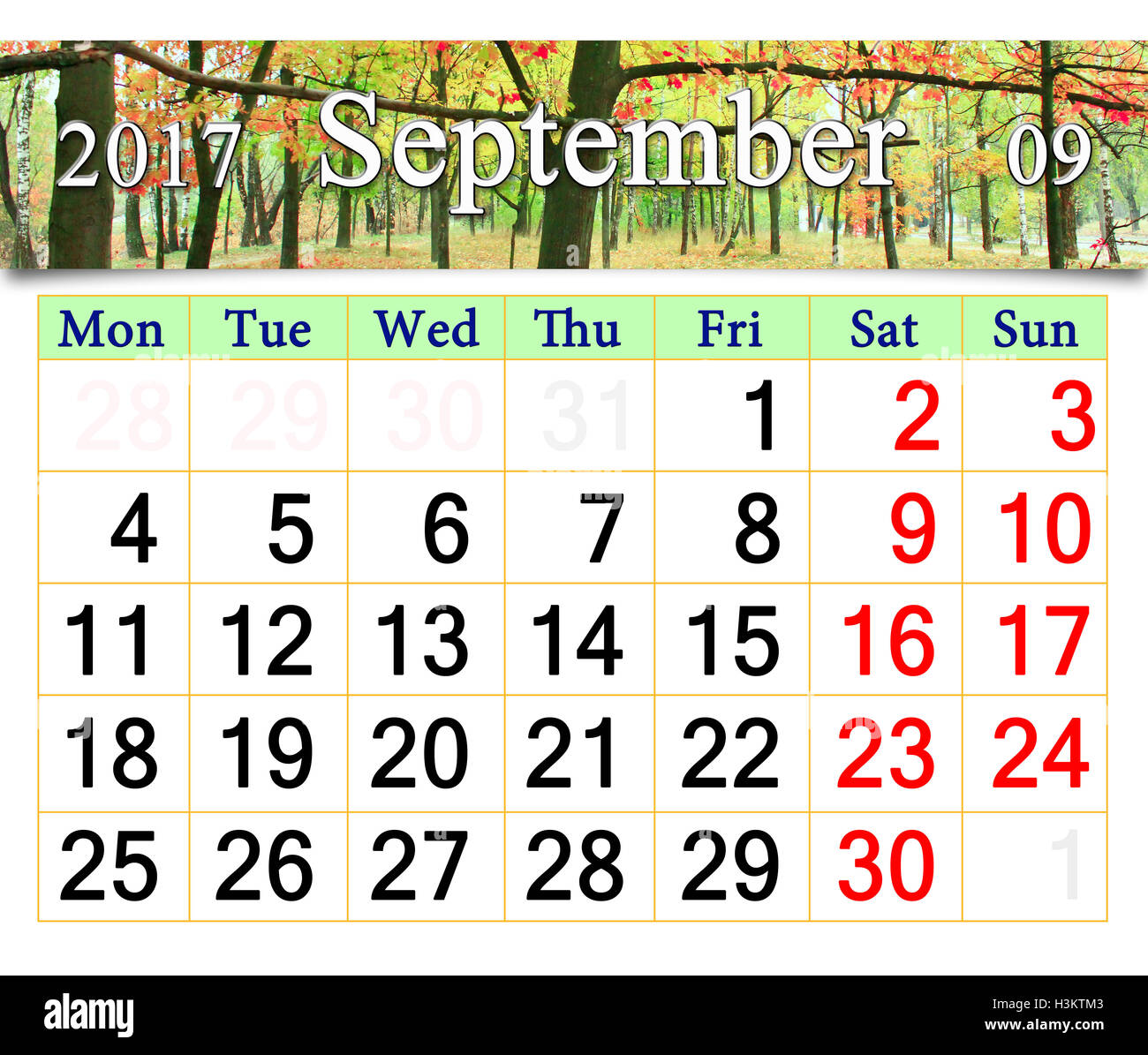 Calendario de septiembre de 2017 con el parque otoñal con verde y amarillo arces Foto de stock