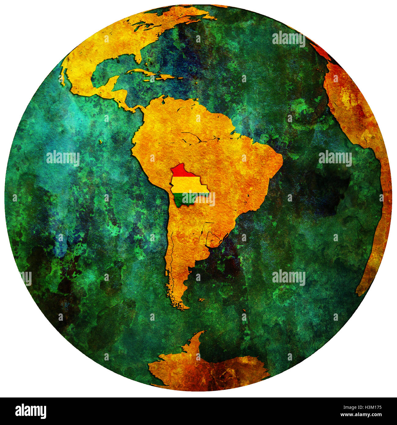 El territorio de Bolivia con el indicador en el mapa del mundo