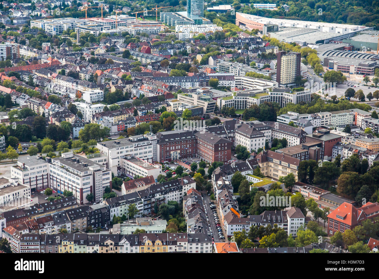 Areal shot de la ciudad de Essen, Alemania, centro de la ciudad, la zona del centro de la ciudad, distrito de la ciudad de Ruettenscheid, Foto de stock