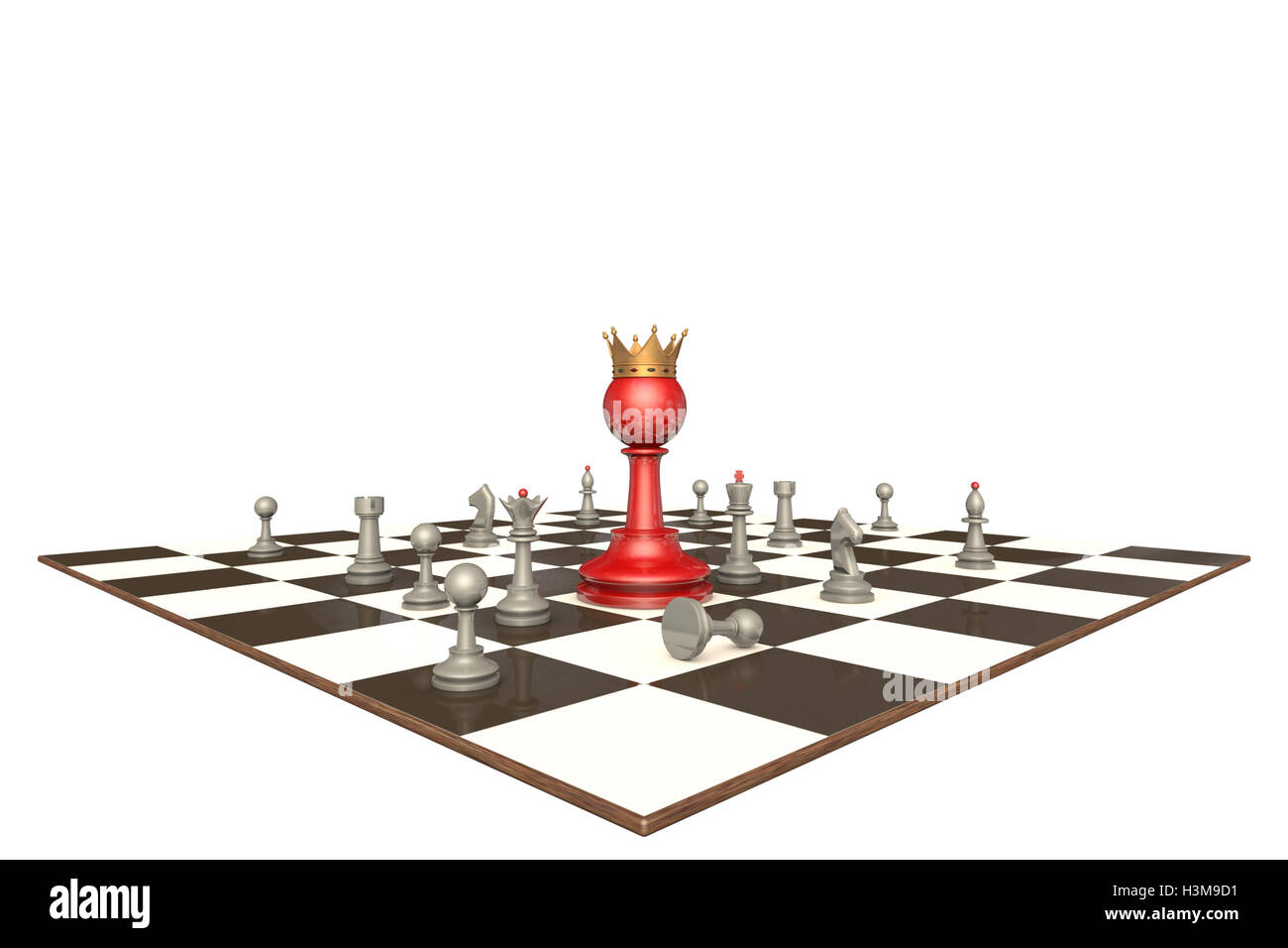 Muchas piezas de ajedrez y rey peón rojo sobre fondo blanco, el aislamiento. Foto de stock