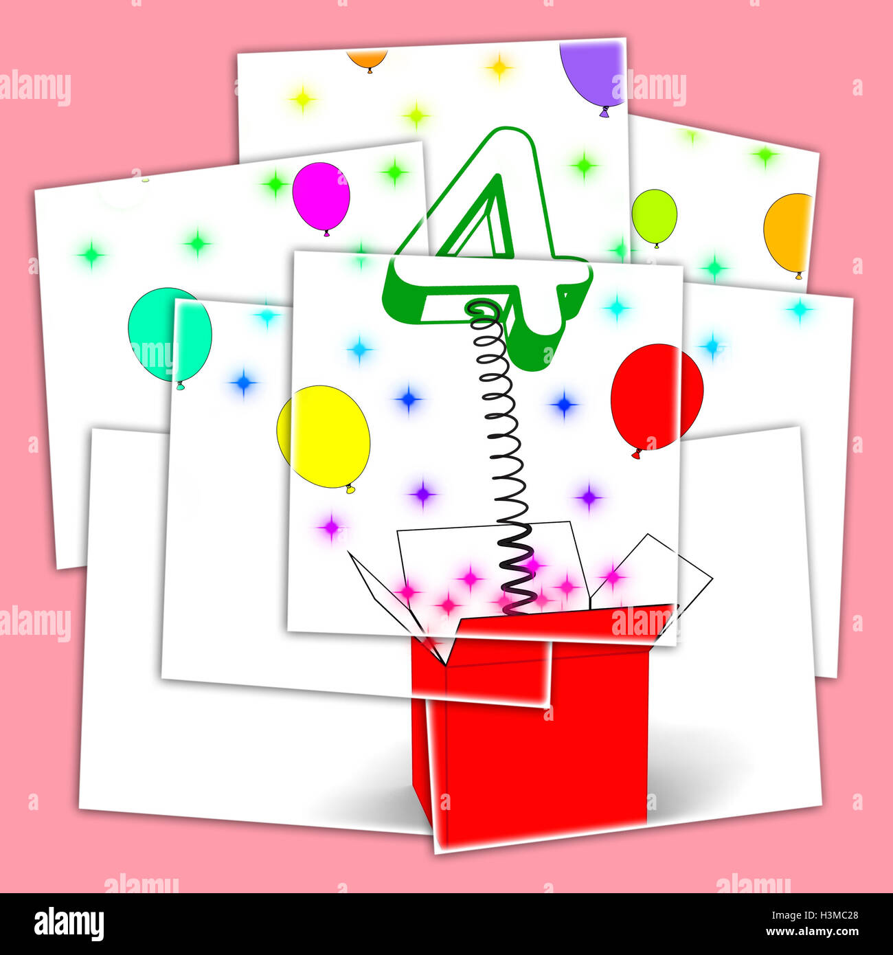 Número cuatro aparece el cuadro sorpresa Confetti y espumoso Colorf Foto de stock