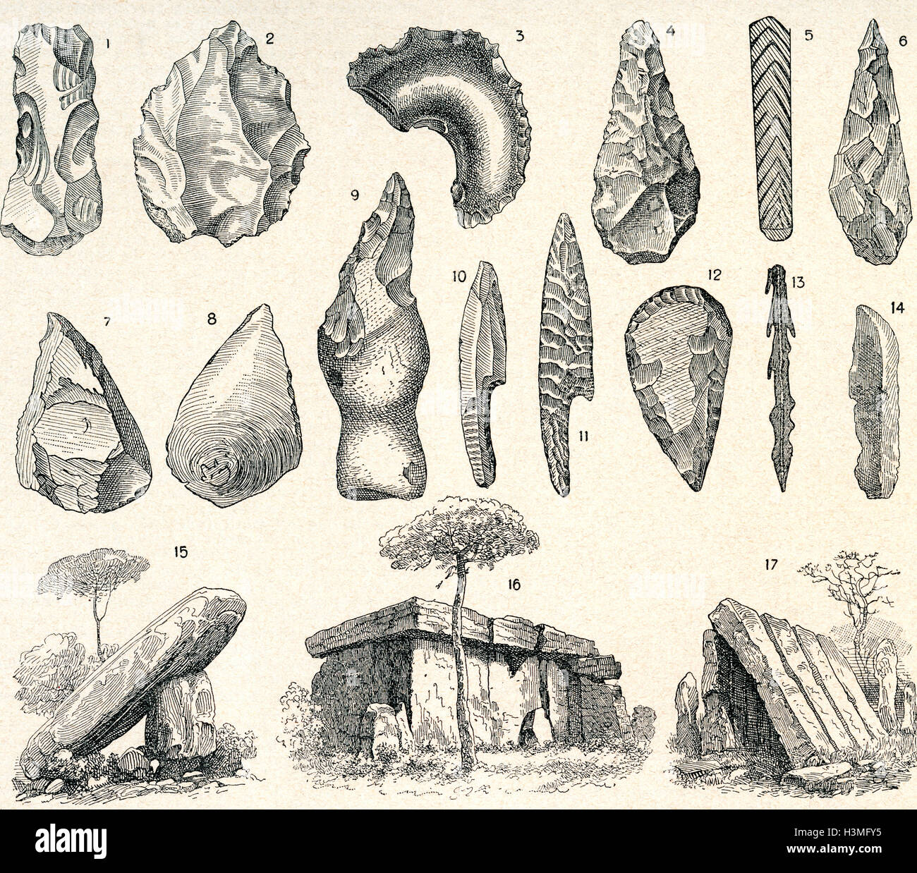 Armas de la Edad de Piedra, las herramientas y la arquitectura. Foto de stock