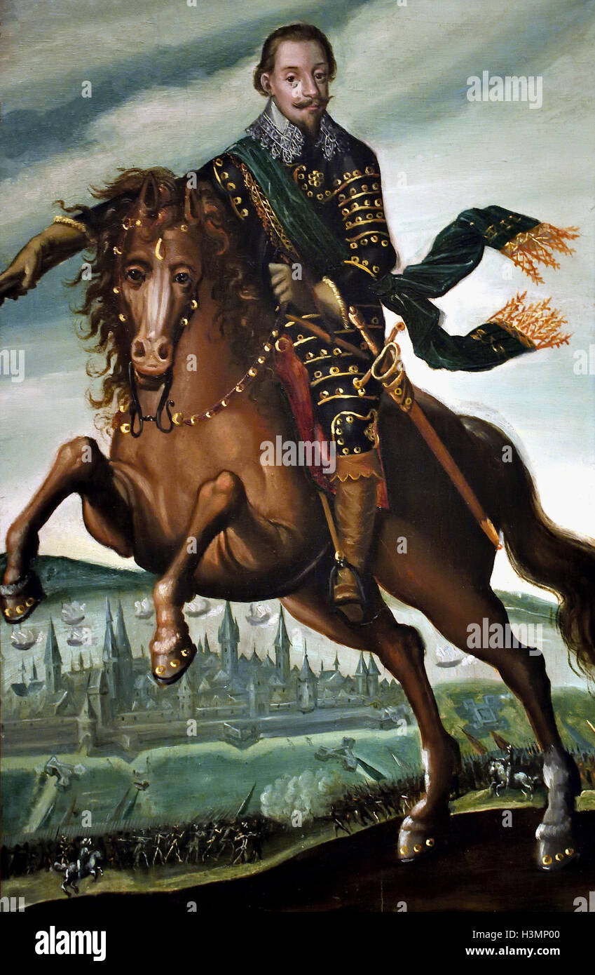 Gustav II Adolf, Rey de Suecia (1611-1632) a caballo en la batalla de Stralsund 1628 ( pintor Jacob van der Heyden, (1572), Alemania (La batalla de Stralsund el 31 de mayo de 1809 fue una batalla durante la Guerra de la Quinta Coalición, parte de las guerras napoleónicas, entre Ferdinand von Schill's freikorps y fuerzas napoleónicas en Stralsund. ) Foto de stock