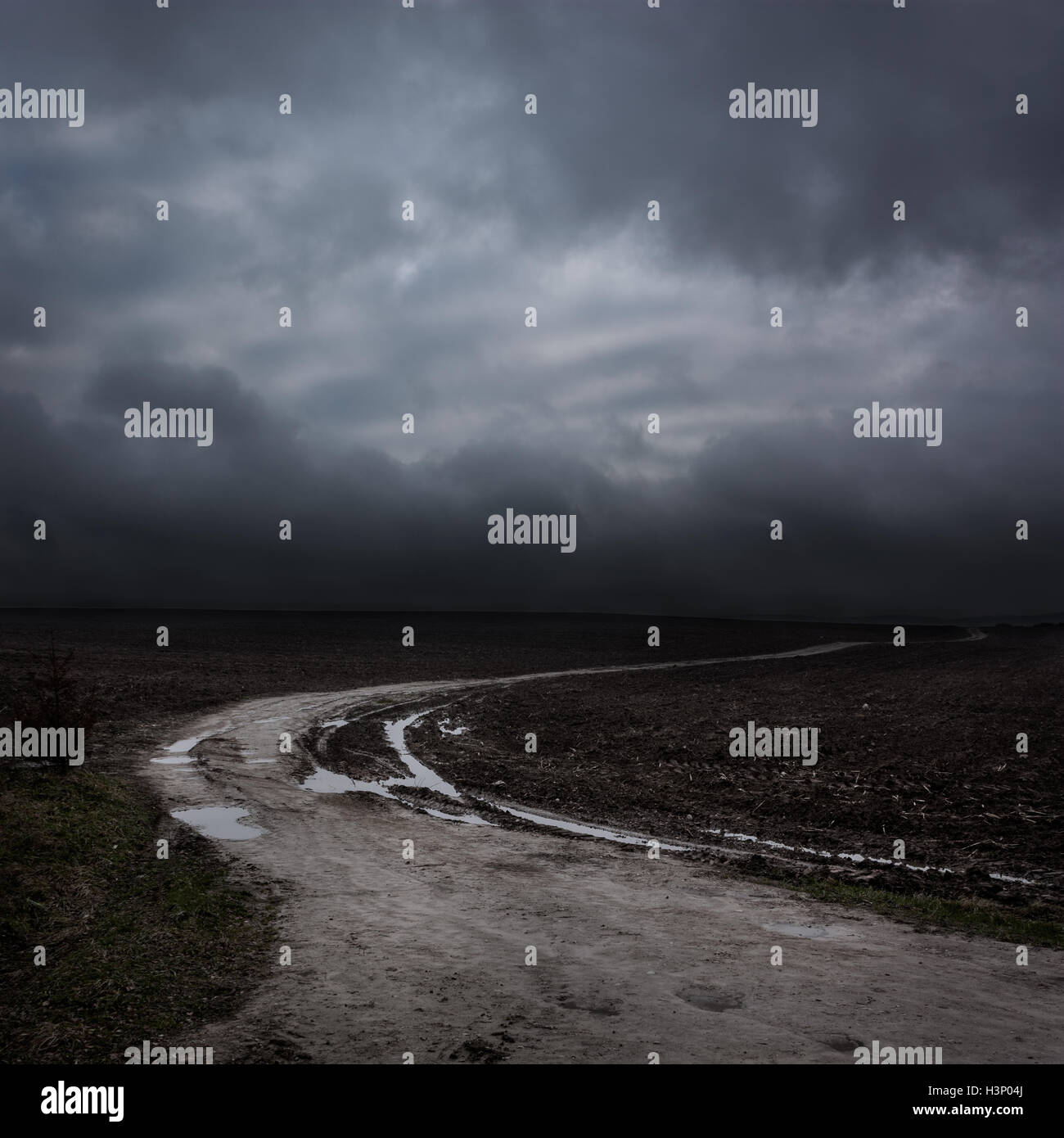 Paisaje nocturno con Country Road y nubes oscuras Foto de stock