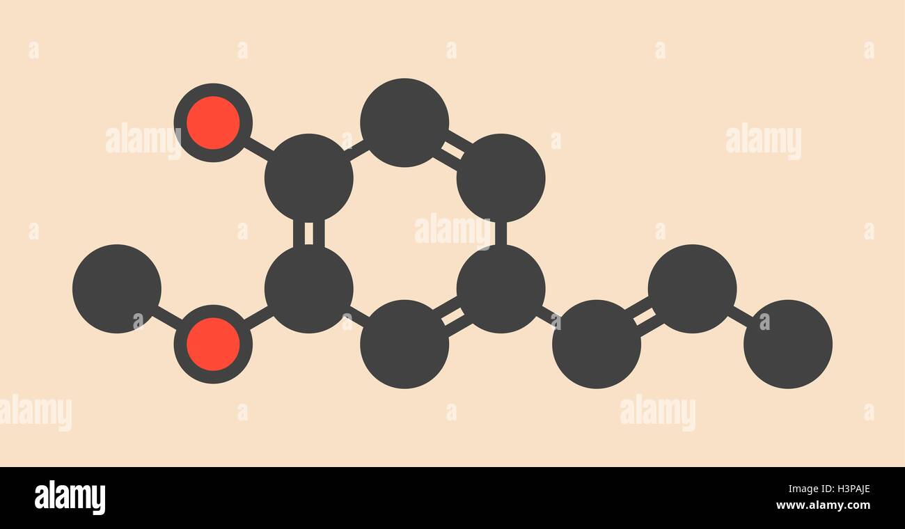 Fragancia Isoeugenol molécula. Estilizada fórmula esquelética (estructura química). Los átomos se muestran como círculos de color-coded: hidrógeno (oculto), el carbono (gris), el oxígeno (rojo). Foto de stock