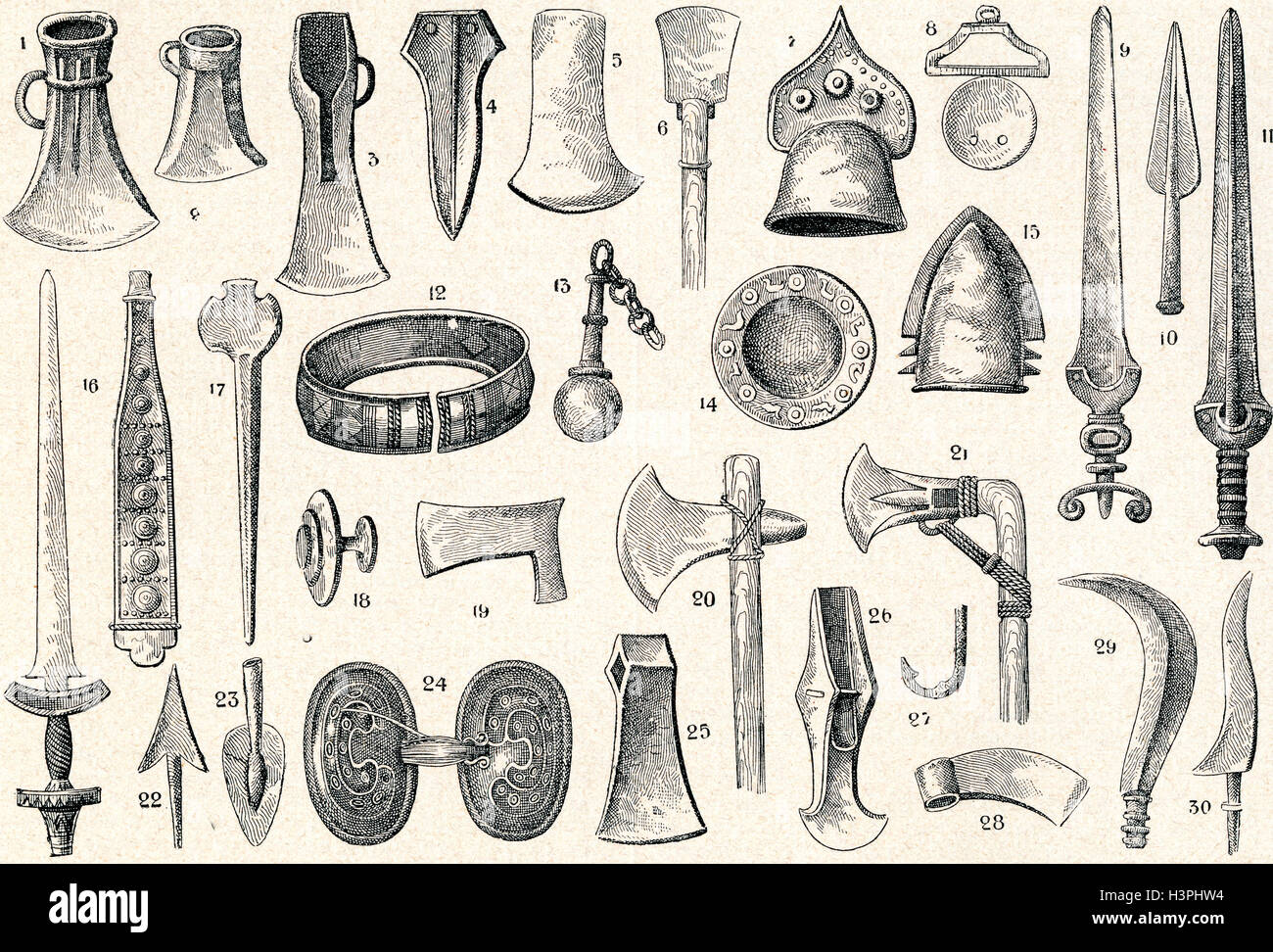 Armas de la Edad de Bronce, herramientas y reliquias. Foto de stock