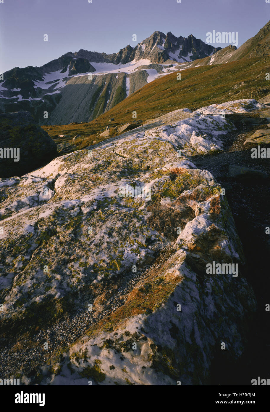 Suiza, Valais, Piz Gallina en la Nufenenpaß, cielo azul, montañas, macizo de piedra Foto de stock