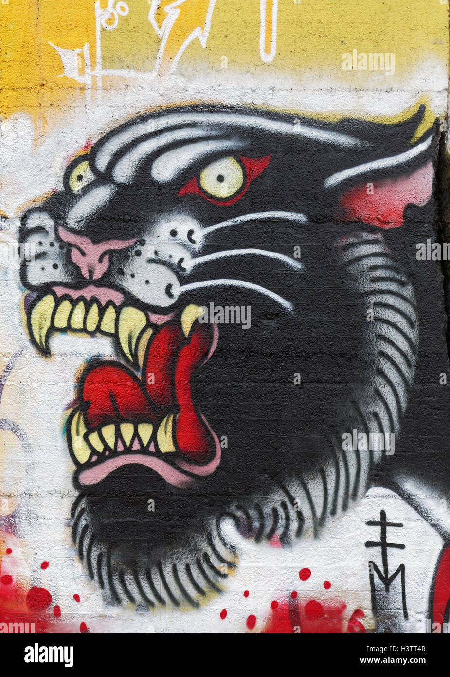 Panther con la boca abierta, graffiti, street art, Duisburg, Renania del Norte-Westfalia, Alemania Foto de stock