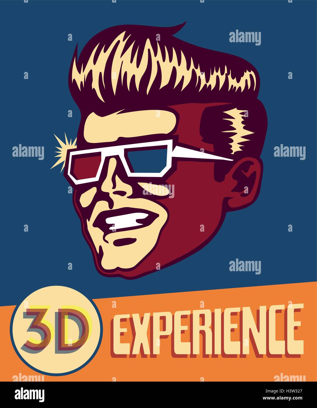 La experiencia 3d. Vintage Retro hombre vestido con gafas 3D, películas en 3D Cine, retro futurista sci-fi, gafas de realidad virtual Ilustración del Vector