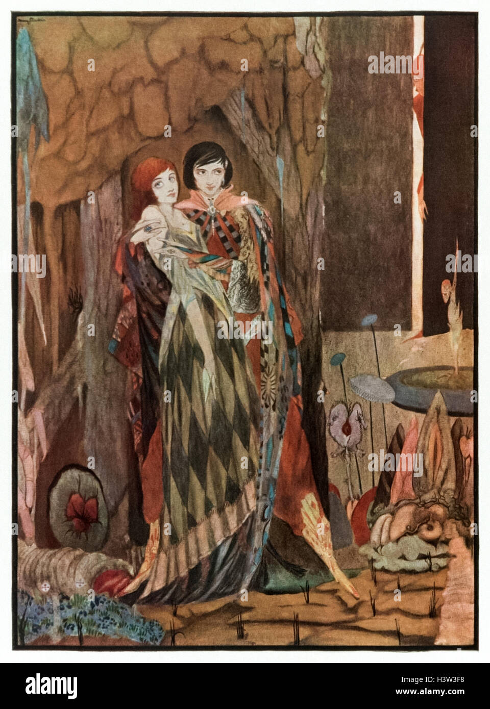 "Querida y mejor, con todo mi corazón te amo." frontispicio ilustración de "Fausto" de Goethe por Harry Clarke (1889-1931). Mefistófeles ayuda a Faust seducir la bella Gretchen. Foto de stock