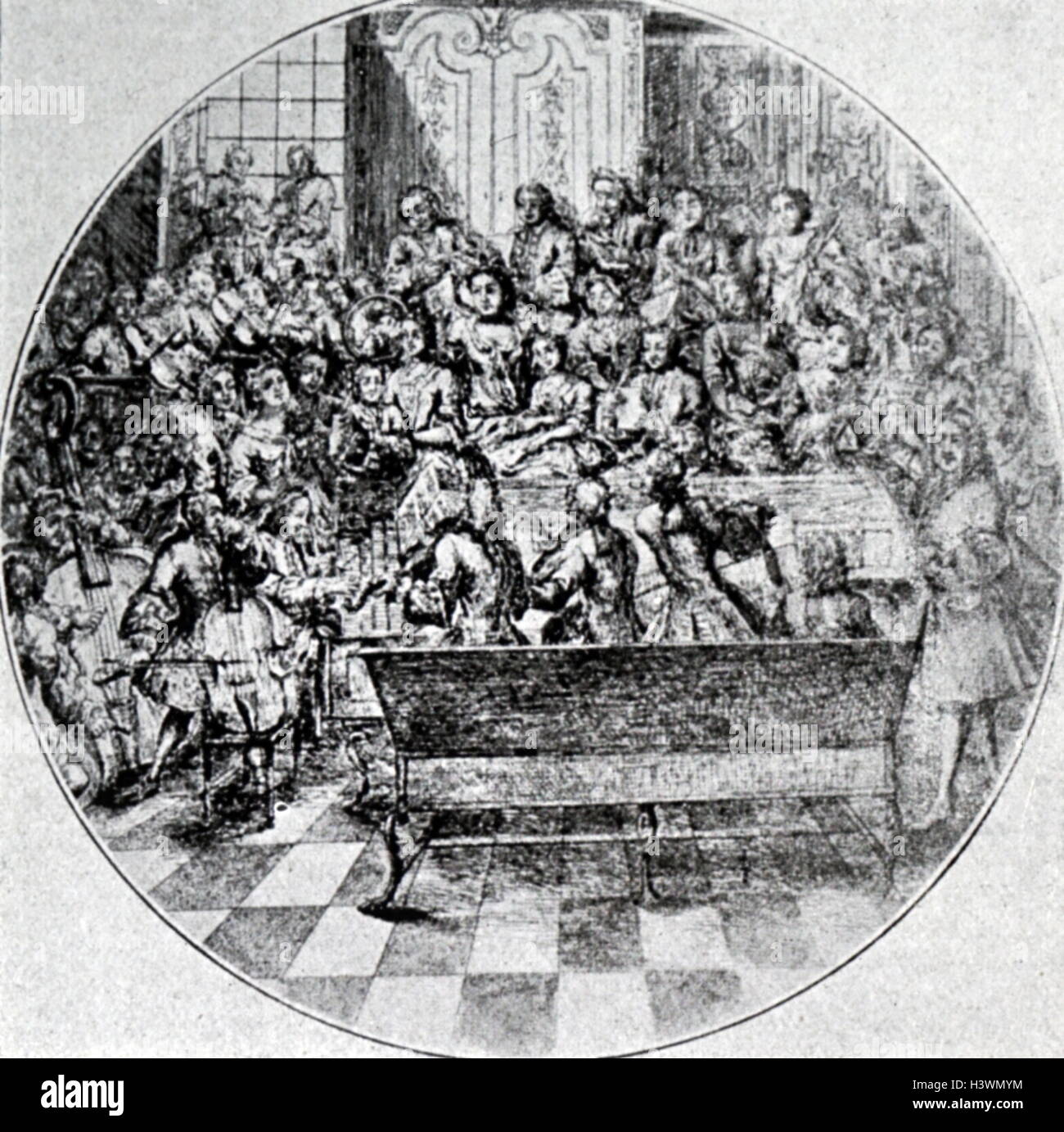 Grabado representando a George Frideric Handel (1685-1759), un compositor barroco alemán, dirigiendo un oratorio. Fecha del siglo XVIII Foto de stock