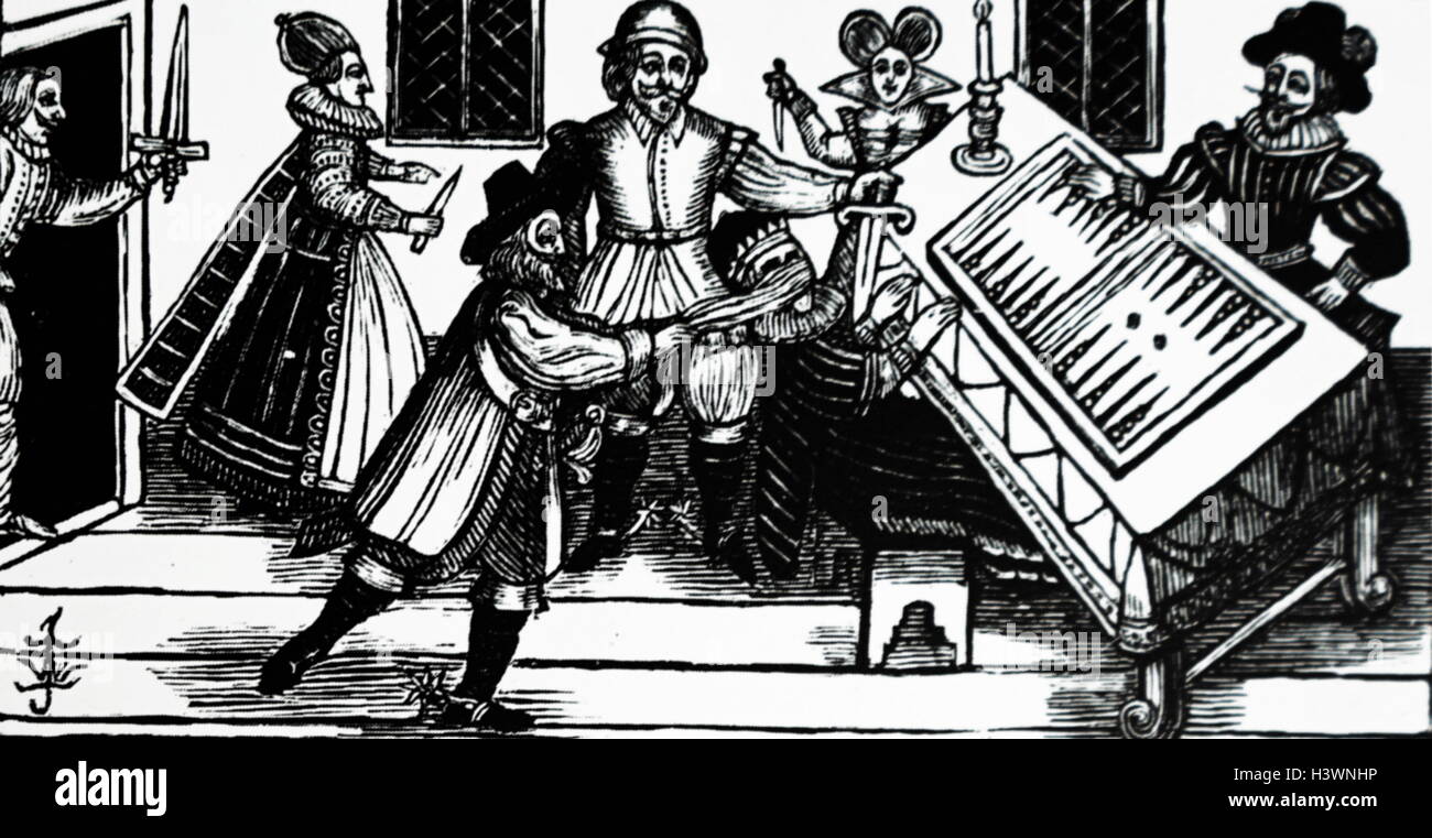 Grabado en madera representando a un asesino contratado a atacar. Fecha del siglo XVI. Foto de stock