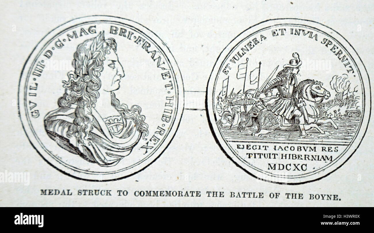 Grabado de una medalla para conmemorar la Batalla del Boyne, una batalla entre el rey Jaime II y el Príncipe holandés Guillermo de Orange. Fecha Siglo xvii Foto de stock