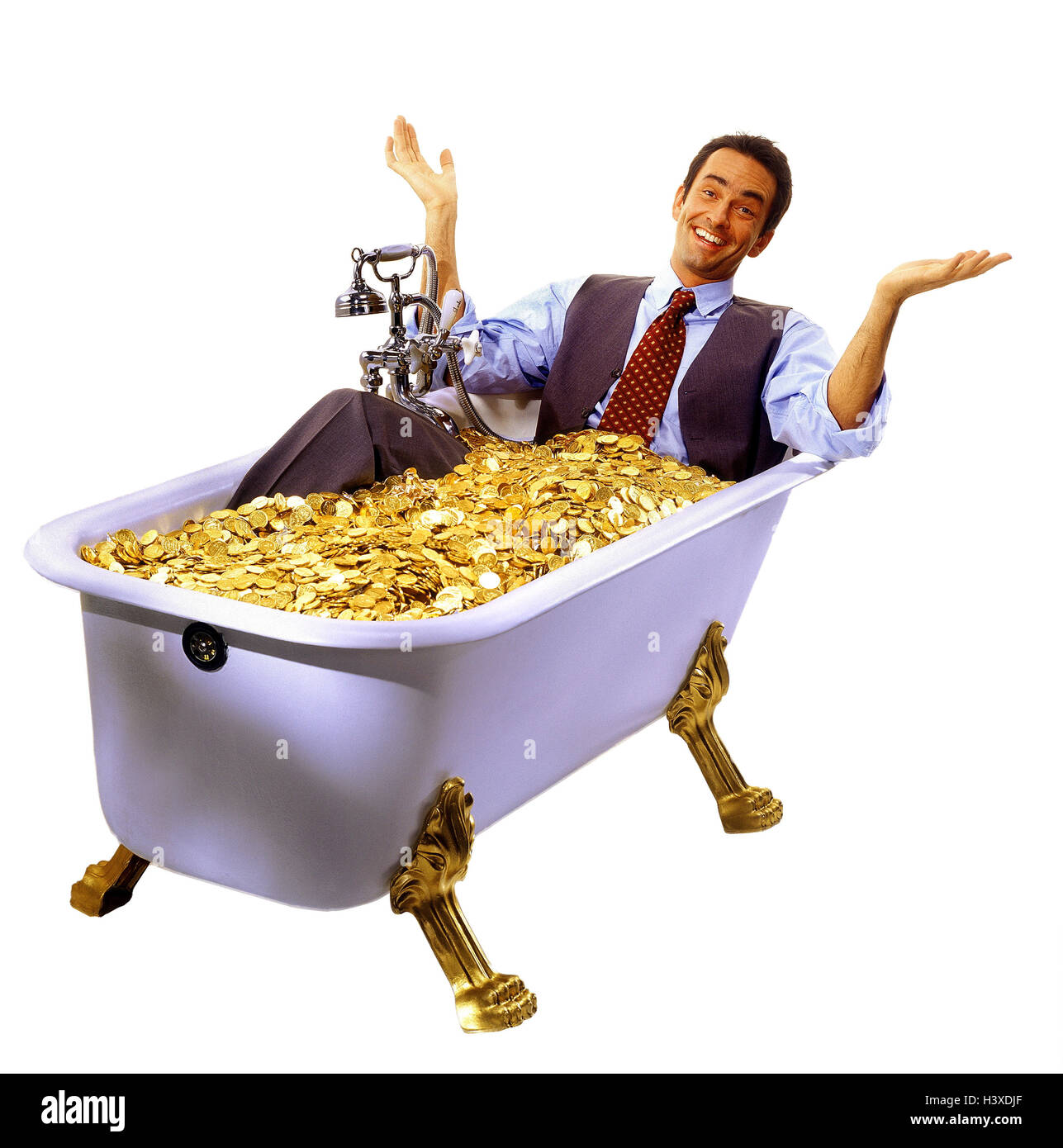 Empresario, bañera, monedas de oro, la ganancia, la riqueza, los conceptos, el hombre de negocios, "tiene un baño', de oro, de plata, ricamente, suerte, prosperidad, éxito, felizmente, disfrute, satisfacción, el gesto, el studio, copiar el espacio, Foto de stock