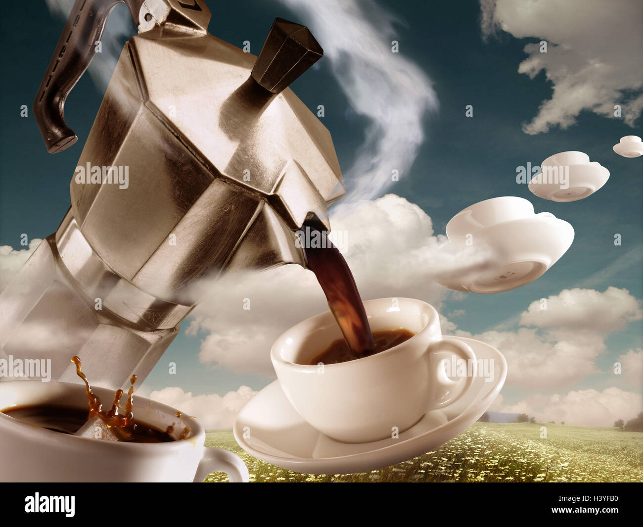 Redactar, máquina espresso, tazas de café, derrame, cielo nublado