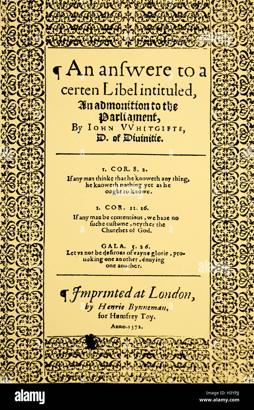 Página del título de "Una respuesta a determinadas injurias' de John Whitgift (1530-1604) el Arzobispo de Canterbury. Fecha del siglo XVI. Foto de stock