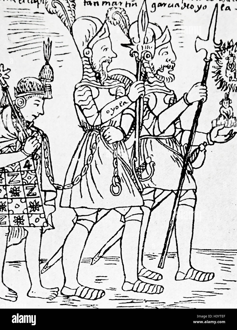 Dibujo del último rey Inca Túpac Amaru II (1545-1572), como un cautivo de los españoles por Felipe Guaman Poma de Ayala (1550-1616) un Quechua noble. Fecha del siglo XVI. Foto de stock