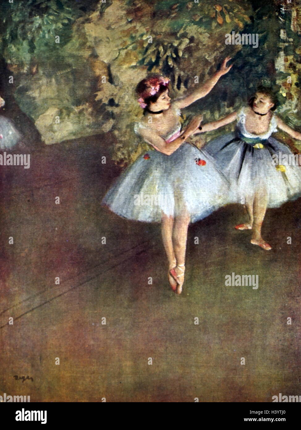 Pintura titulada "dos bailarines de ballet en el escenario" por Edgar Degas (1834-1917), un artista y escultor francés. Fecha del siglo XIX Foto de stock
