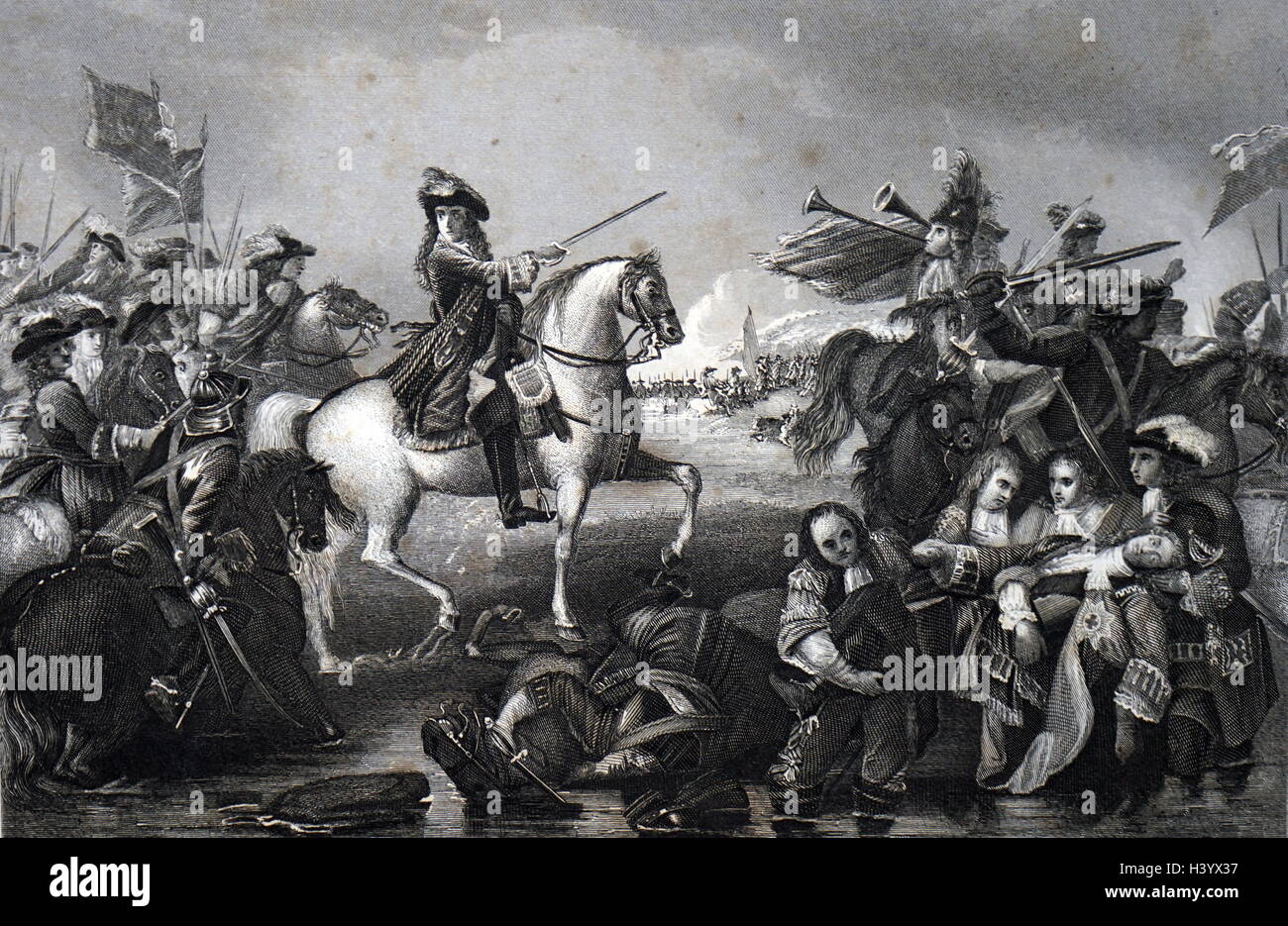 Escena de la Batalla del Boyne, una batalla entre el Rey inglés James II y el Príncipe holandés Guillermo de Orange. Fecha Siglo xvii Foto de stock