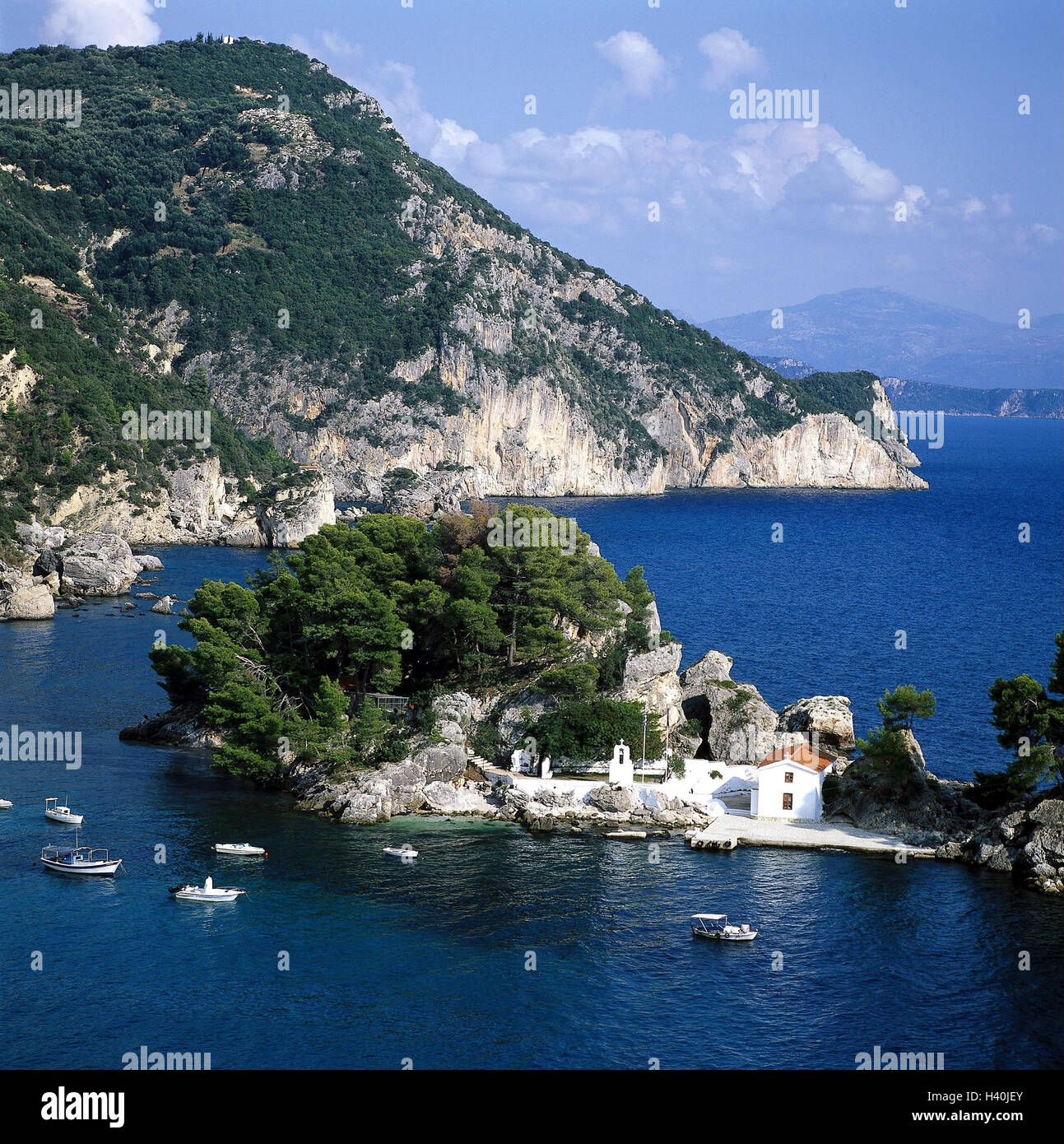 Grecia, Epiro, Parga, bilis Costa, isla, banda, Sureste de Europa, Ipiro, west coast, paisajes costeros, costa, acantilados, mar, Bahía, Rock Island, edificio, lugar de interés, cultura, fuera Foto de stock