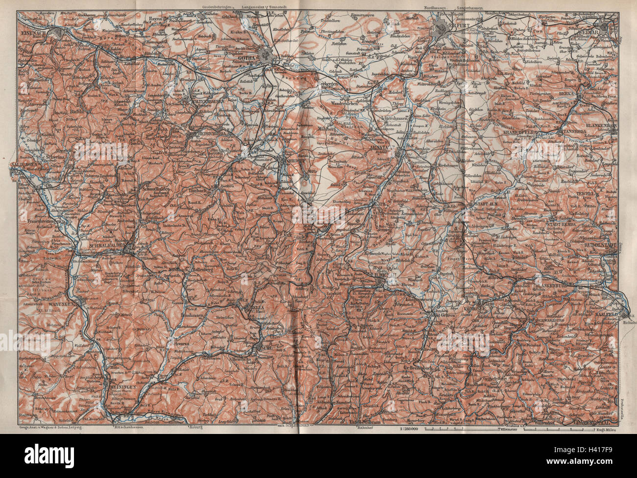 THÜRINGER Wald. Bosque de Turingia. Gotha Eisenach Erfurt Weimar karte 1910 mapa Foto de stock