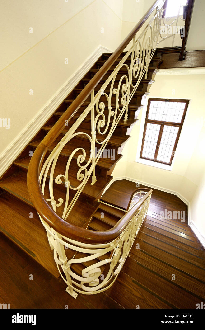 Escalera, escalera de madera, barandillas, decorar, ventanas, luz