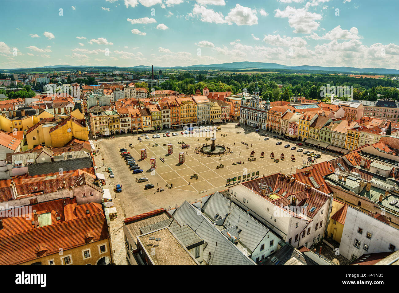 La plaza de la ciudad, Ceske Budejovice, República Checa Foto de stock