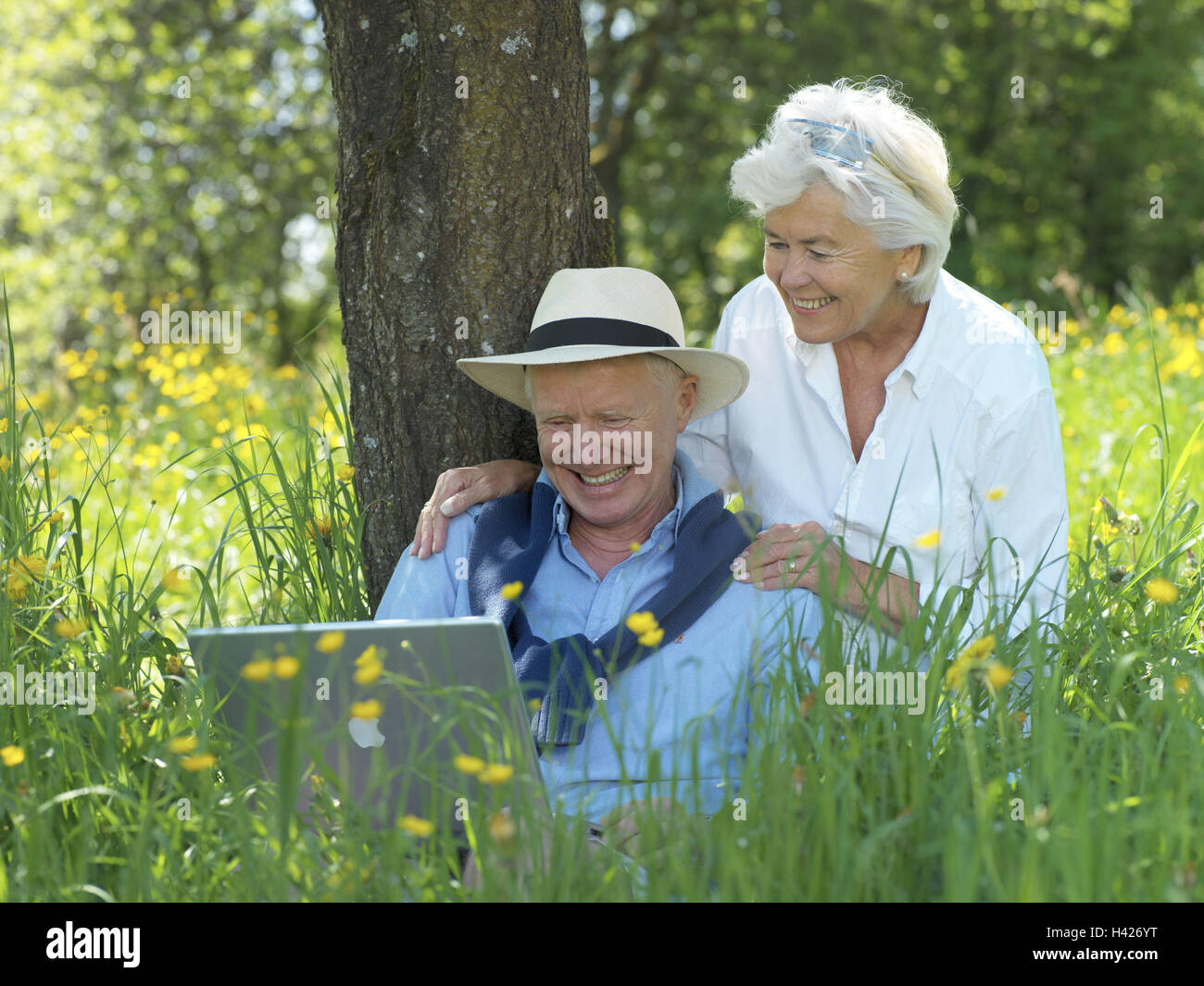 Jardín, Senior pareja, feliz, portátil, mitad retrato, verano, tiempo de ocio, vacaciones, vacaciones de verano, jubilación, pensión, afición, la recreación, el descanso, juntos, mejor edad, vieja persona, jubilados, pareja, feliz contently, ágil, activamente, jóvenes restantes Foto de stock