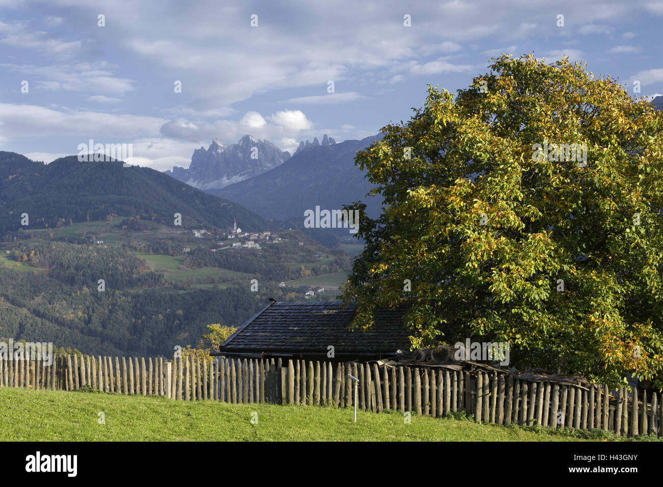 Eisacktal, Geislerspitzen, Sur del Tirol, Italia, valla, castaño, Foto de stock