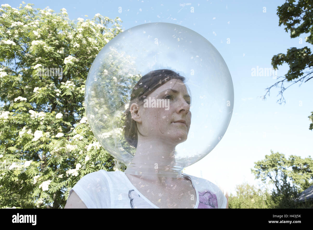 Jardín, mujer, cabeza, bola de cristal, retrato, soporte, Foto de stock