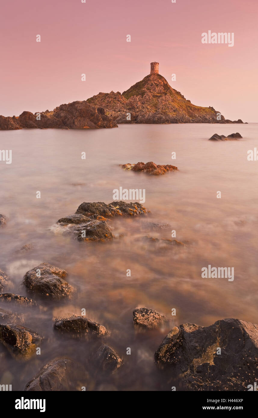 Francia, Córcega, punto de la Parata, torre, costa, luz del atardecer, Foto de stock