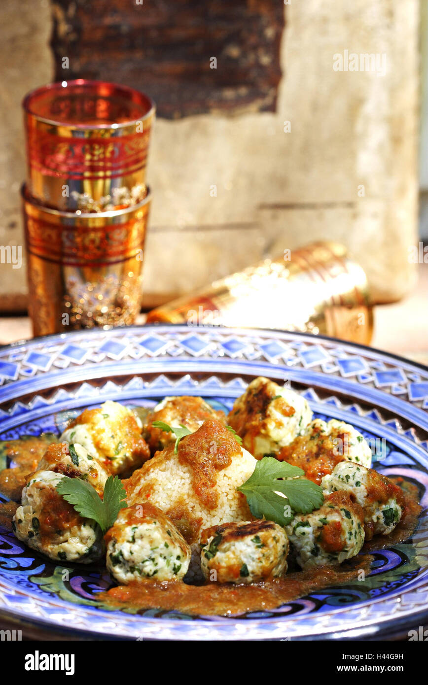 Marruecos, especialidad, Keftas, pollo, arroz, bola pequeña Foto de stock