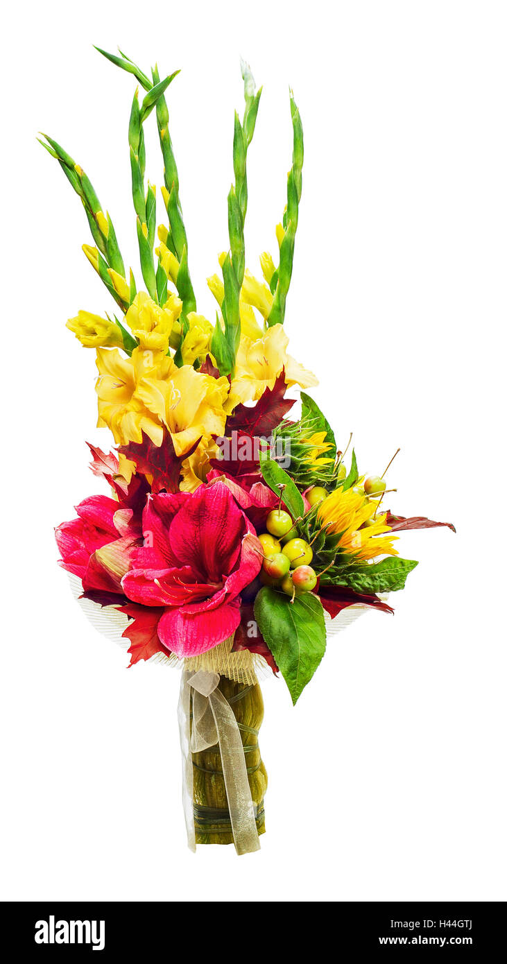 Colorido ramo de amarilis, gladiolos, girasol, frutas y otras flores de  acuerdo central aislado en blanco backgrou Fotografía de stock - Alamy