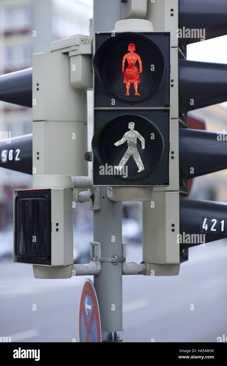 Luz de cruce peatonal, semáforo poco hombre, icono, hombre, mujer, [M], semáforo peatonal, rojo, gris, soporte, vaya, detener el tráfico, el tráfico, el semáforo, señales de carretera, control de tráfico, la figura de luz, señal, espere, Concepción, falleció, separados Foto de stock