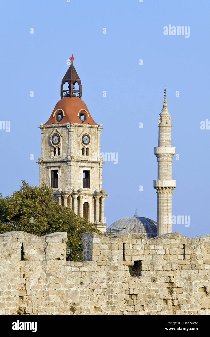 Europa, la Europa del sur, Grecia, la isla de Rodas, la parte septentrional, Rodas, Suleiman mezquita y Roloi Torre, Foto de stock
