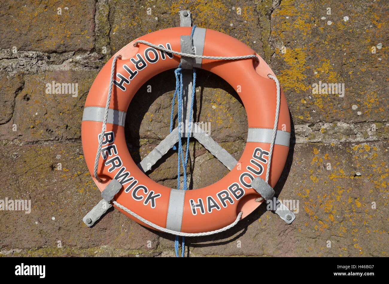 Un lifebelt en el muro del puerto en North Berwick en el sur de la costa oriental de Escocia. Foto de stock