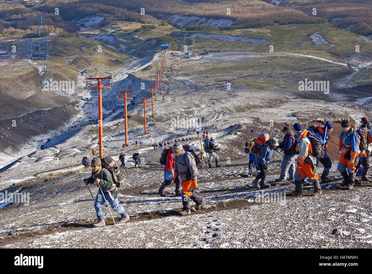 América del Sur, Chile, Patagonia, volcán Villarrica, cumbre, ascenso, grupo turístico, Foto de stock