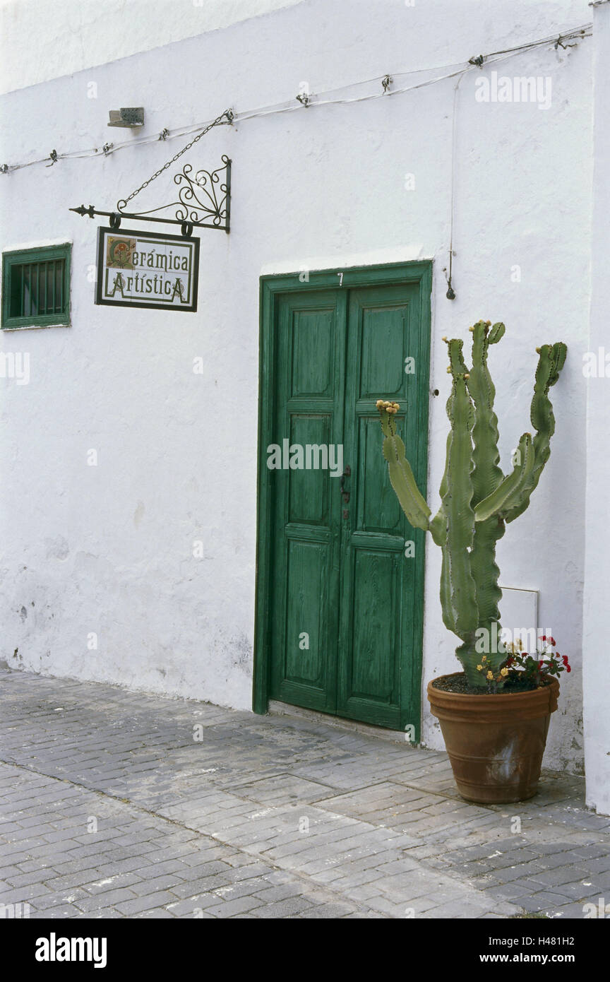 En España, las islas Canarias, Lanzarote, Teguise, la fachada de la casa,  puerta, verde, cactus, la arquitectura, el estilo, el estilo  arquitectónico, la tradición, la vida, el trabajo, el turismo, el signo,
