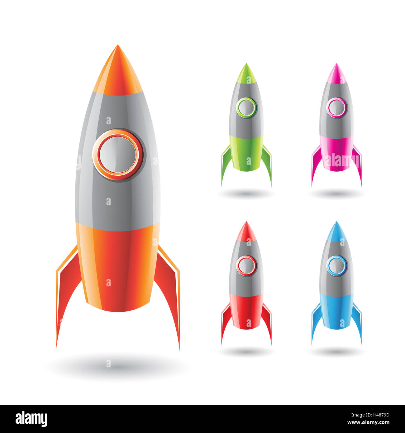 Ilustración vectorial de coloridos cohetes con cuerpo gris aislado sobre un fondo blanco. Foto de stock
