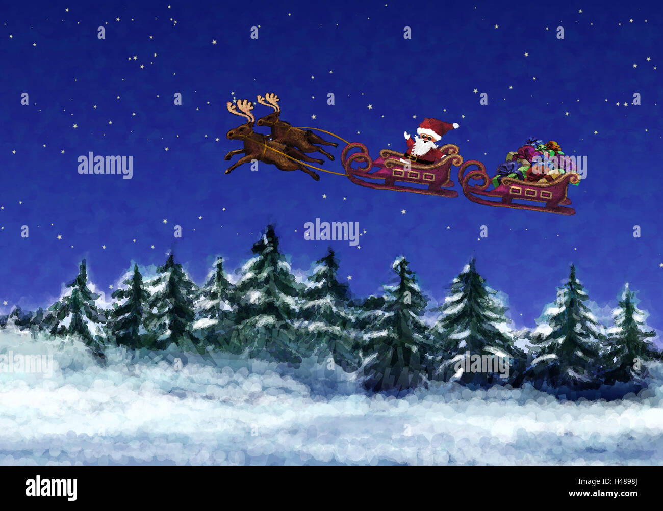 Ilustración, Santa Claus, trineo tirado por renos, volar, distribuir