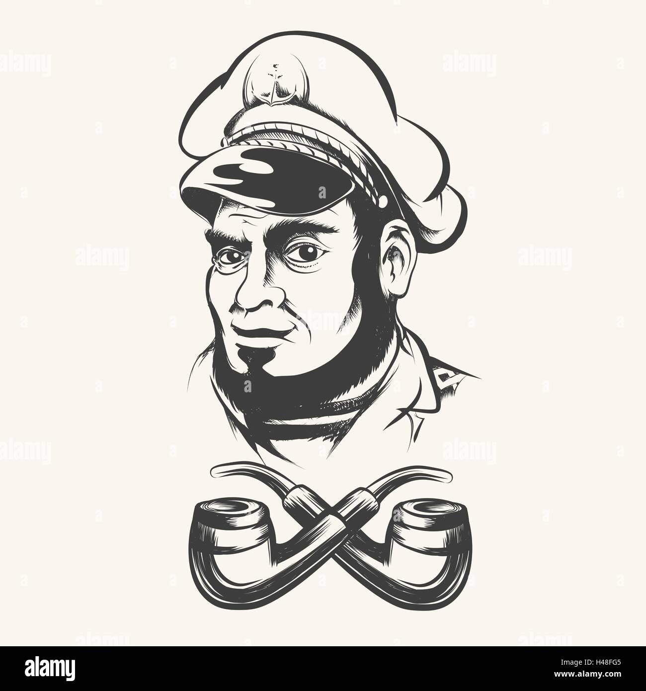 Capitán de Mar, capitán, patrón, Mariner vistiendo hat cap y dos tubos de humo. Ilustración de estilo retro. Ilustración del Vector