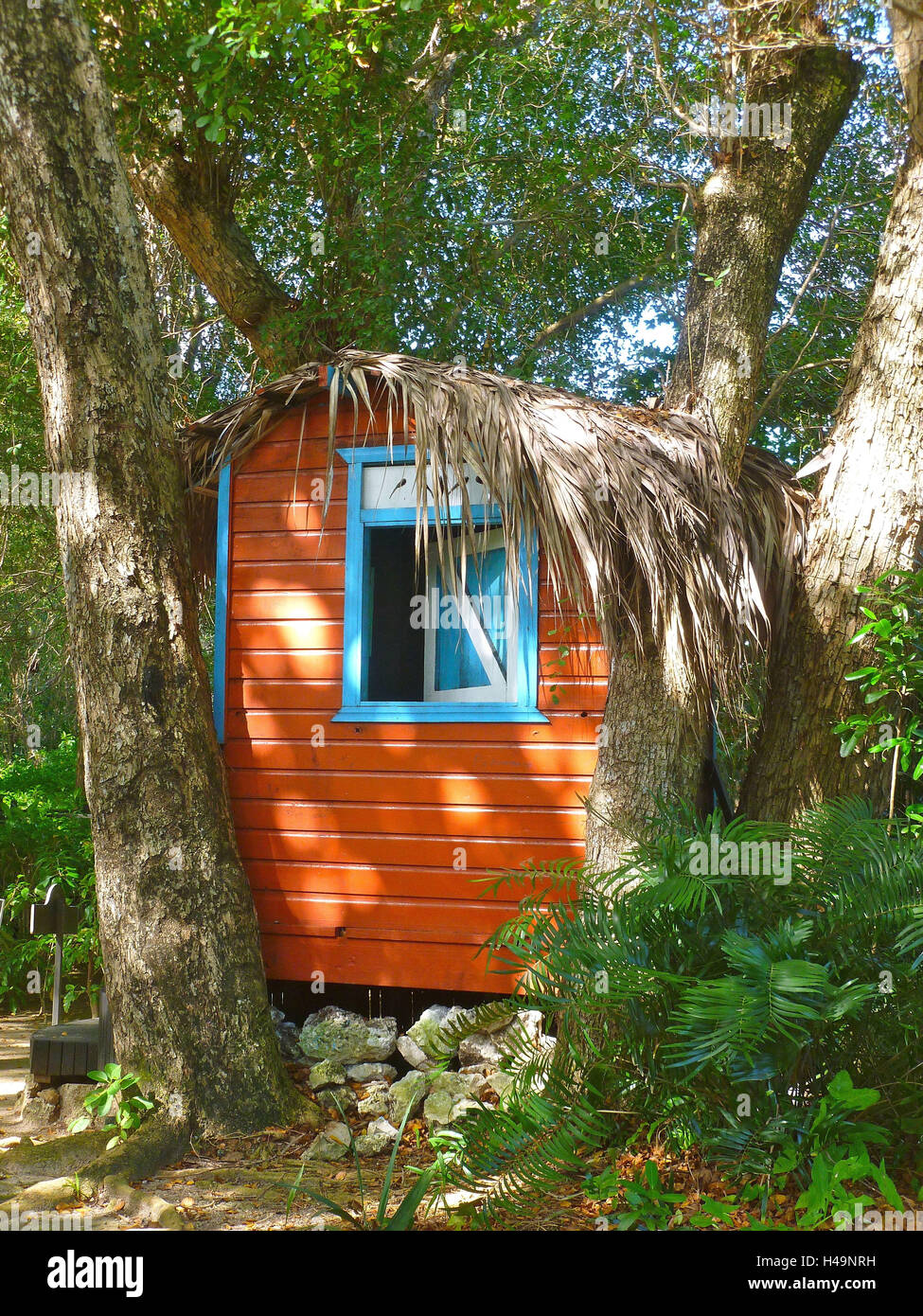 La República Dominicana, Punta Cana, cabaña de madera de color en el parque del hotel Bavaro Princess, construido entre los árboles, Foto de stock